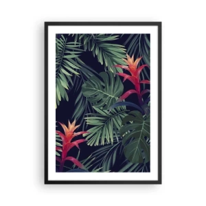 Poster in einem schwarzem Rahmen - Tropische Blätter und Blüten auf dunklem Hintergrund - 50x70cm - Im Grünen in Flammen gehen - Moderne Wanddekoration für Wohnzimmer und Schlafzimmer ARTTOR