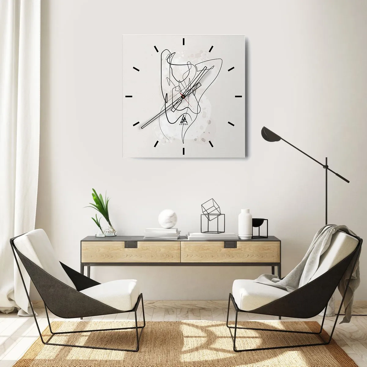 Wanduhr - Glasuhr - Abstrakte Linienkunstfigur auf hellem Hintergrund - 30x30cm - Die Kunst der Verführung - Moderne Wanddekoration für Wohnzimmer und Schlafzimmer ARTTOR