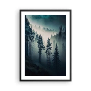 Poster in einem schwarzem Rahmen - Ein dunkler Wald, in Nebel gehüllt - 50x70cm - Bergmorgen - Moderne Wanddekoration für Wohnzimmer und Schlafzimmer ARTTOR