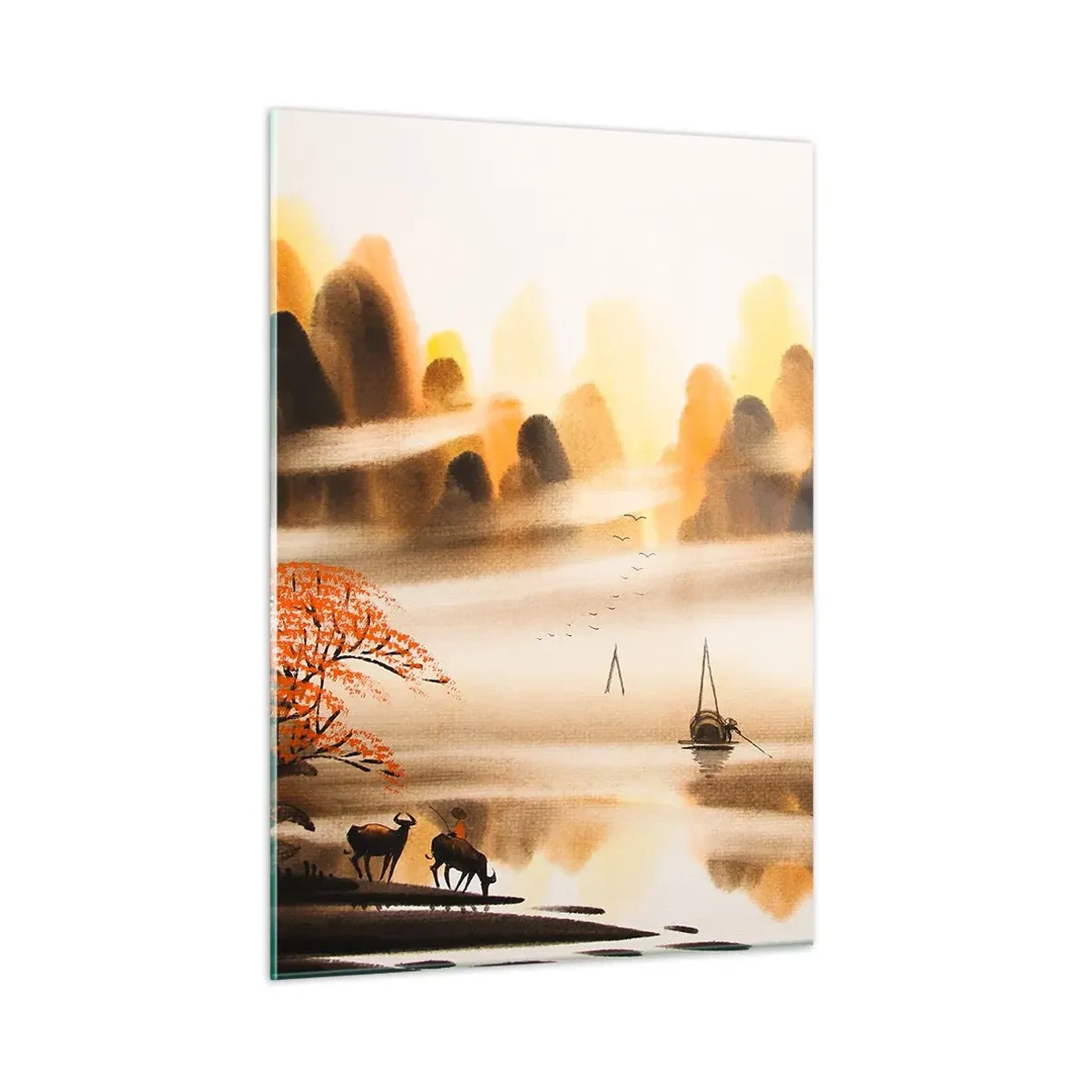 Glasbild - Bild auf glas - Orientalische Landschaft mit Booten und Bergen im Nebel - 50x70cm - Weiter als im Fernosten - Moderne Wanddekoration für Wohnzimmer und Schlafzimmer ARTTOR
