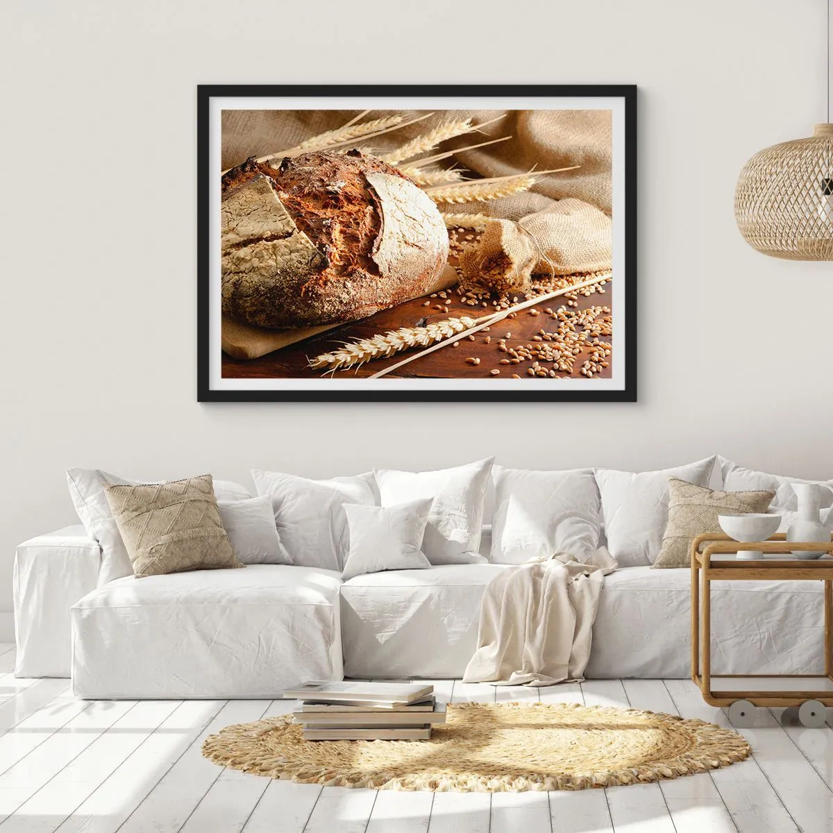 Poster in einem schwarzem Rahmen - Knuspriges Brot mit Körnern und Weizenähren auf Holzhintergrund - 100x70cm - Appetitanregend, duftend, knackig - Moderne Wanddekoration für Wohnzimmer und Schlafzimmer ARTTOR