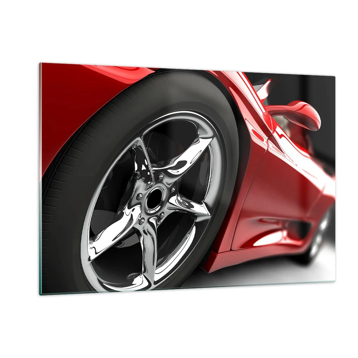 Glasbild - Bild auf glas - Detail eines roten Sportwagens mit Chromfelge - 120x80cm - Für Schnelligkeit gebaut - Moderne Wanddekoration für Wohnzimmer und Schlafzimmer ARTTOR