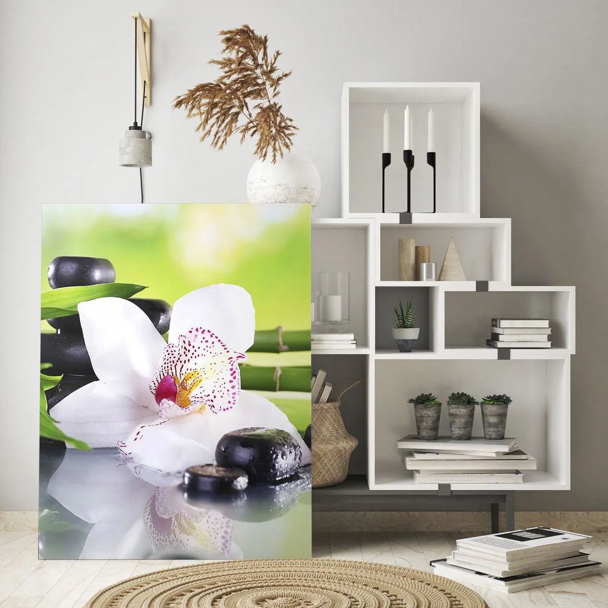 Glasbild - Bild auf glas - Orchidee, Steine und Bambus in einer harmonischen Spa-Komposition - 80x120cm - Kühle Frische - Moderne Wanddekoration für Wohnzimmer und Schlafzimmer ARTTOR