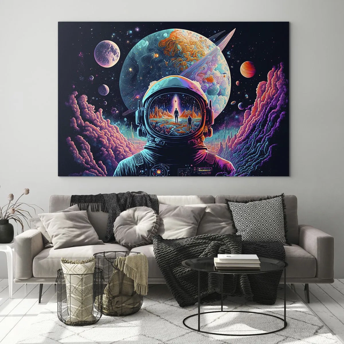Glasbild - Bild auf glas - Eine Weltraumlandschaft mit einem Astronauten und einem surrealen Planeten. - 120x80cm - Philosophen haben nicht davon geträumt - Moderne Wanddekoration für Wohnzimmer und Schlafzimmer ARTTOR