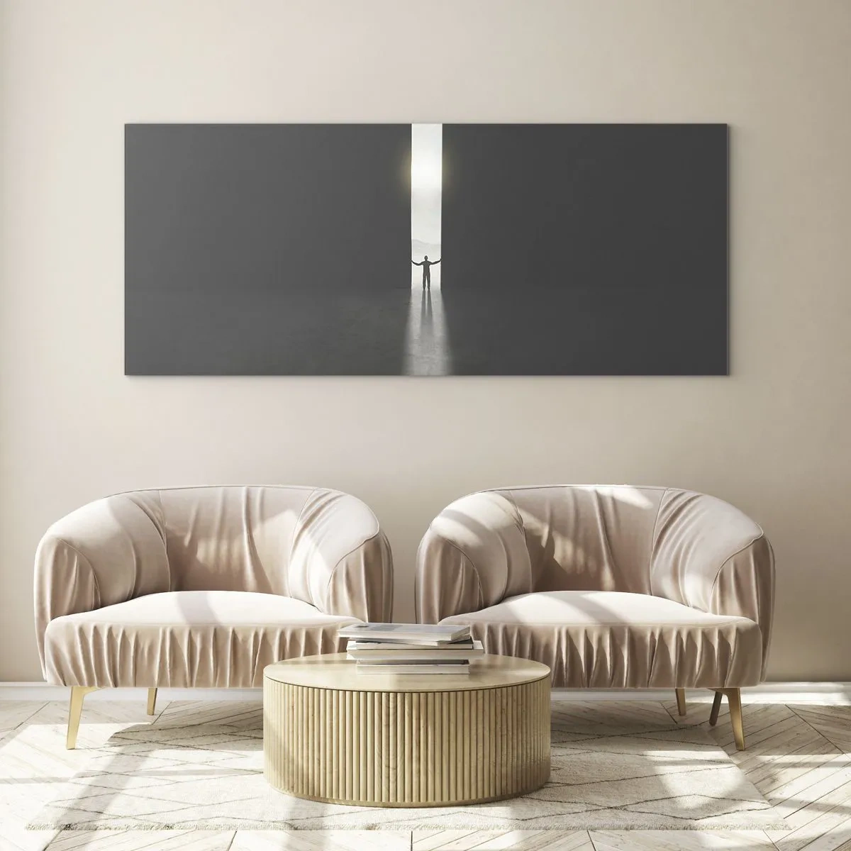 Glasbild - Bild auf glas - Ein Mann steht im Licht eines schmalen Schlitzes in einem dunklen Raum - 120x50cm - Ein Schritt in eine strahlende Zukunft - Moderne Wanddekoration für Wohnzimmer und Schlafzimmer ARTTOR