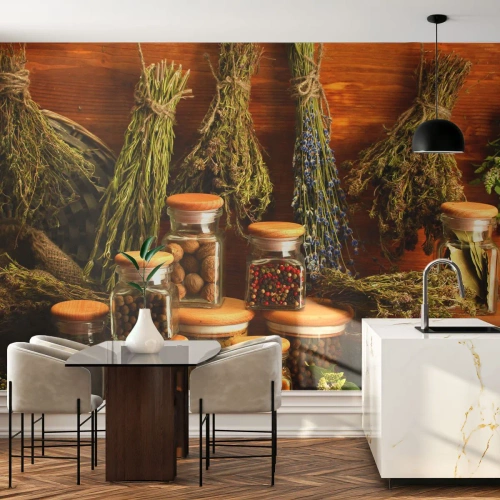 Fototapete Premium Sand - Küchenzauber - Gastronomie, Getrocknete Kräuter, Gewürze - 500x350 cm