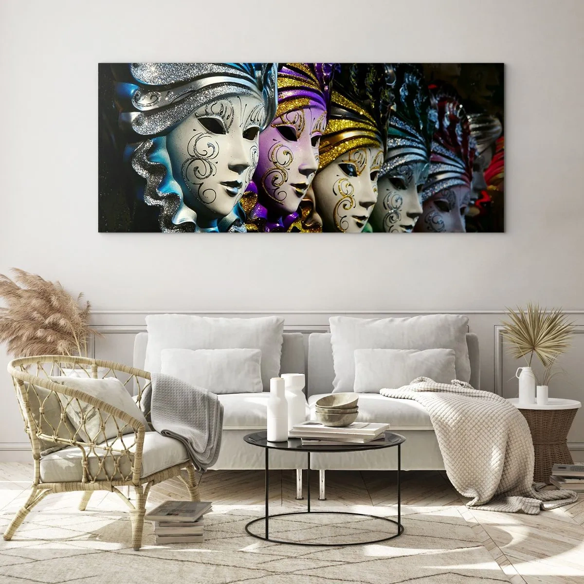 Glasbild - Bild auf glas - Venezianische Masken in verschiedenen Farben mit dekorativen Mustern - 160x50cm - Geheimnis in Gold und Silber - Moderne Wanddekoration für Wohnzimmer und Schlafzimmer ARTTOR