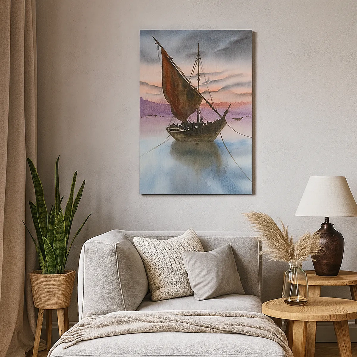 Bild auf Leinwand - Leinwandbild - Zwei Segelschiffe liegen in der Abenddämmerung auf ruhigem Wasser vor Anker - 50x70cm - Abend am Hafen - Moderne Wanddekoration für Wohnzimmer und Schlafzimmer ARTTOR