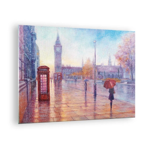Glasbild - Bild auf glas - Londoner Szene im Regen mit Big Ben und der roten Box - 70x50cm - Londoner Herbsttag - Moderne Wanddekoration für Wohnzimmer und Schlafzimmer ARTTOR