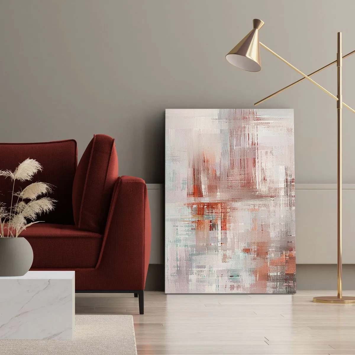 Bild auf Leinwand - Leinwandbild - Eine abstrakte Komposition mit Rottönen und Pastellfarben. - 50x70cm - Dunstig. Aber rosa - Moderne Wanddekoration für Wohnzimmer und Schlafzimmer ARTTOR