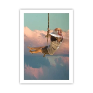 Poster - Eine Frau auf einer Schaukel zwischen pastellfarbenen Wolken - 50x70cm - Spaß in den Wolken - Moderne Wanddekoration für Wohnzimmer und Schlafzimmer ARTTOR