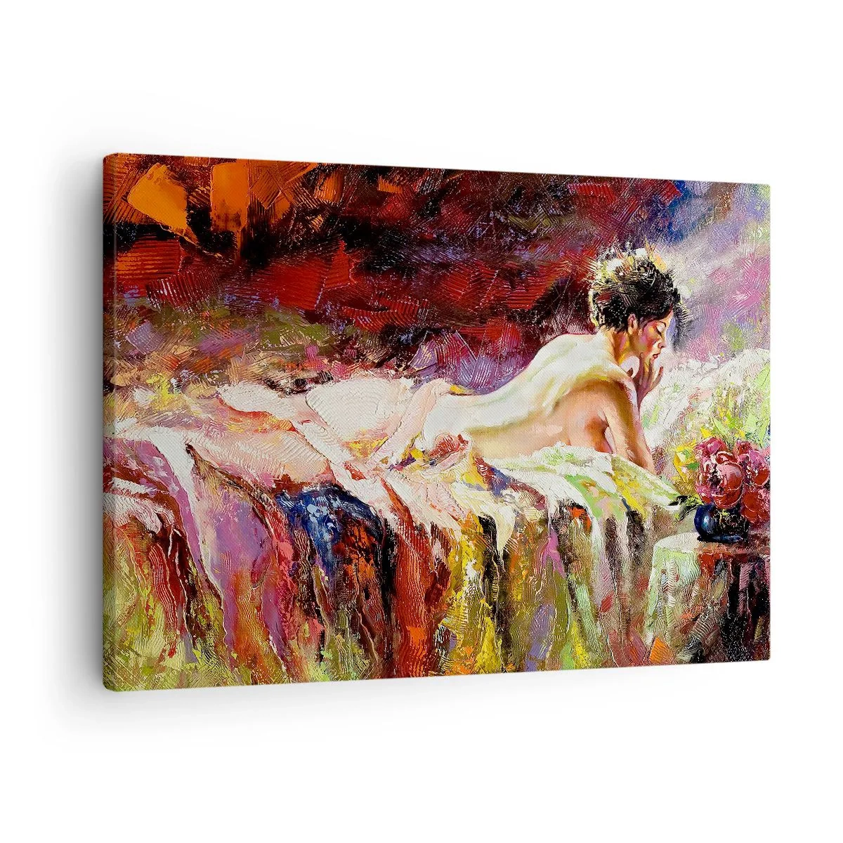 Bild auf Leinwand - Leinwandbild - Eine Frau liegt auf einem Bett vor einem Hintergrund aus abstrakten Farben. - 70x50cm - Venus in Gedanken - Moderne Wanddekoration für Wohnzimmer und Schlafzimmer ARTTOR