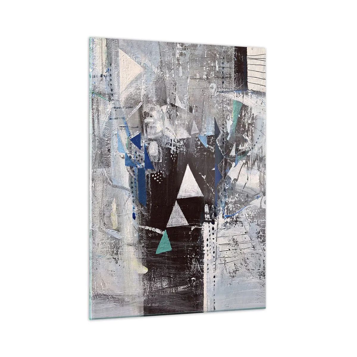 Glasbild - Bild auf glas - Geometrische Dreiecke vor dem Hintergrund einer abstrakten Komposition in Grautönen. - 50x70cm - Überschreibende Reihenfolge der Dreiecke - Moderne Wanddekoration für Wohnzimmer und Schlafzimmer ARTTOR