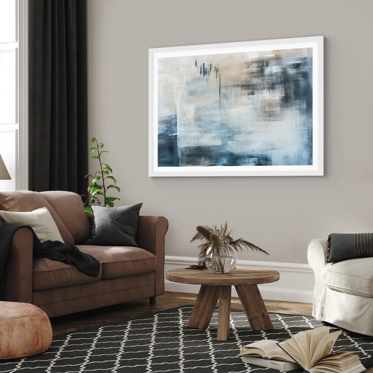 Poster in einem weißen Rahmen - Hinter dem blauen Vorhang - 70x50 cm