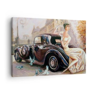 Bild auf Leinwand - Leinwandbild - Retro-Frau neben Oldtimer - 70x50cm - Eleganz im Retro-Stil - Moderne Wanddekoration für Wohnzimmer und Schlafzimmer ARTTOR