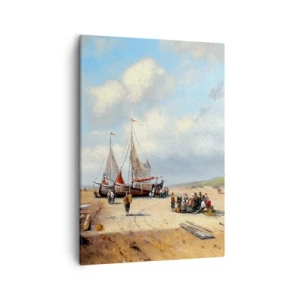 Bild auf Leinwand - Leinwandbild - Fischerboote am Strand mit menschlichen Figuren - 50x70cm - Nach einem erfolgreichen Fischfang - Moderne Wanddekoration für Wohnzimmer und Schlafzimmer ARTTOR