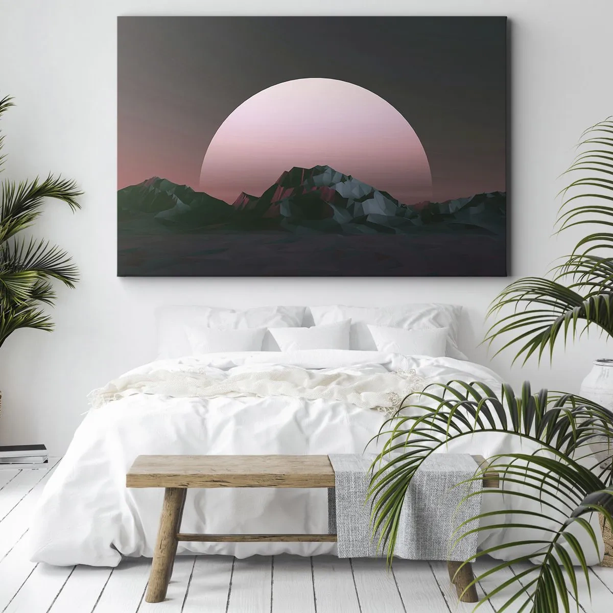 Bild auf Leinwand - Leinwandbild - Geometrische Berge mit der untergehenden Sonne im Hintergrund - 70x50cm - In einer Nachbargalaxie - Moderne Wanddekoration für Wohnzimmer und Schlafzimmer ARTTOR