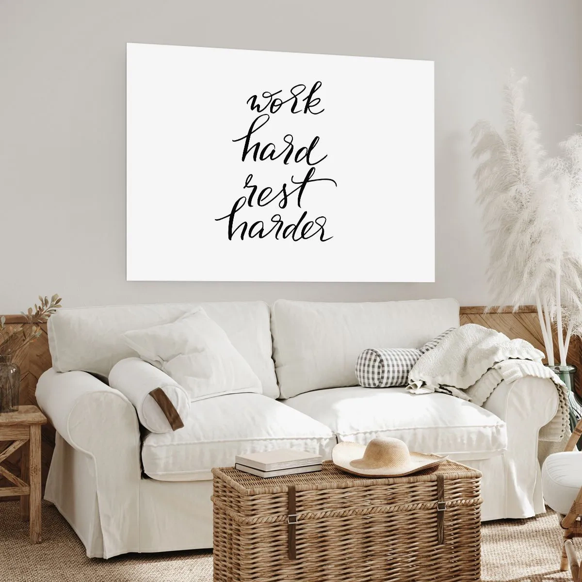 Poster - Zitat „Arbeite hart, ruhe dich härter aus“ auf weißem Hintergrund - 100x70cm - Lebensbalance - Moderne Wanddekoration für Wohnzimmer und Schlafzimmer ARTTOR