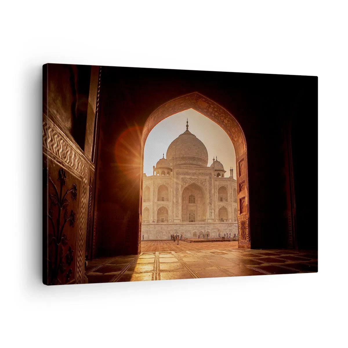 Bild auf Leinwand - Leinwandbild - Taj Mahal im Sonnenlicht vom Torbogen aus gesehen - 70x50cm - Denkmal der überirdischen Liebe - Moderne Wanddekoration für Wohnzimmer und Schlafzimmer ARTTOR