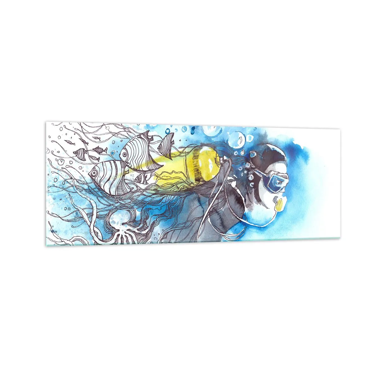 Glasbild - Bild auf glas - Unterwasserszene mit einem Taucher und exotischen Fischen - 140x50cm - Tolles Blau - Moderne Wanddekoration für Wohnzimmer und Schlafzimmer ARTTOR