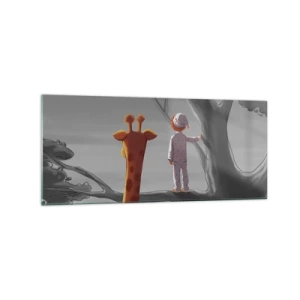 Glasbild - Bild auf glas - Ein Kind und eine Giraffe auf einem Ast in einer Märchenlandschaft - 120x50cm - Das passiert wirklich - Moderne Wanddekoration für Wohnzimmer und Schlafzimmer ARTTOR