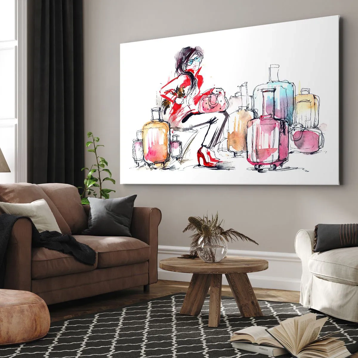 Bild auf Leinwand - Leinwandbild - Eine Frau mit Koffern in einer dynamischen Aquarellillustration - 70x50cm - Setzen wir uns vor der Reise hin - Moderne Wanddekoration für Wohnzimmer und Schlafzimmer ARTTOR