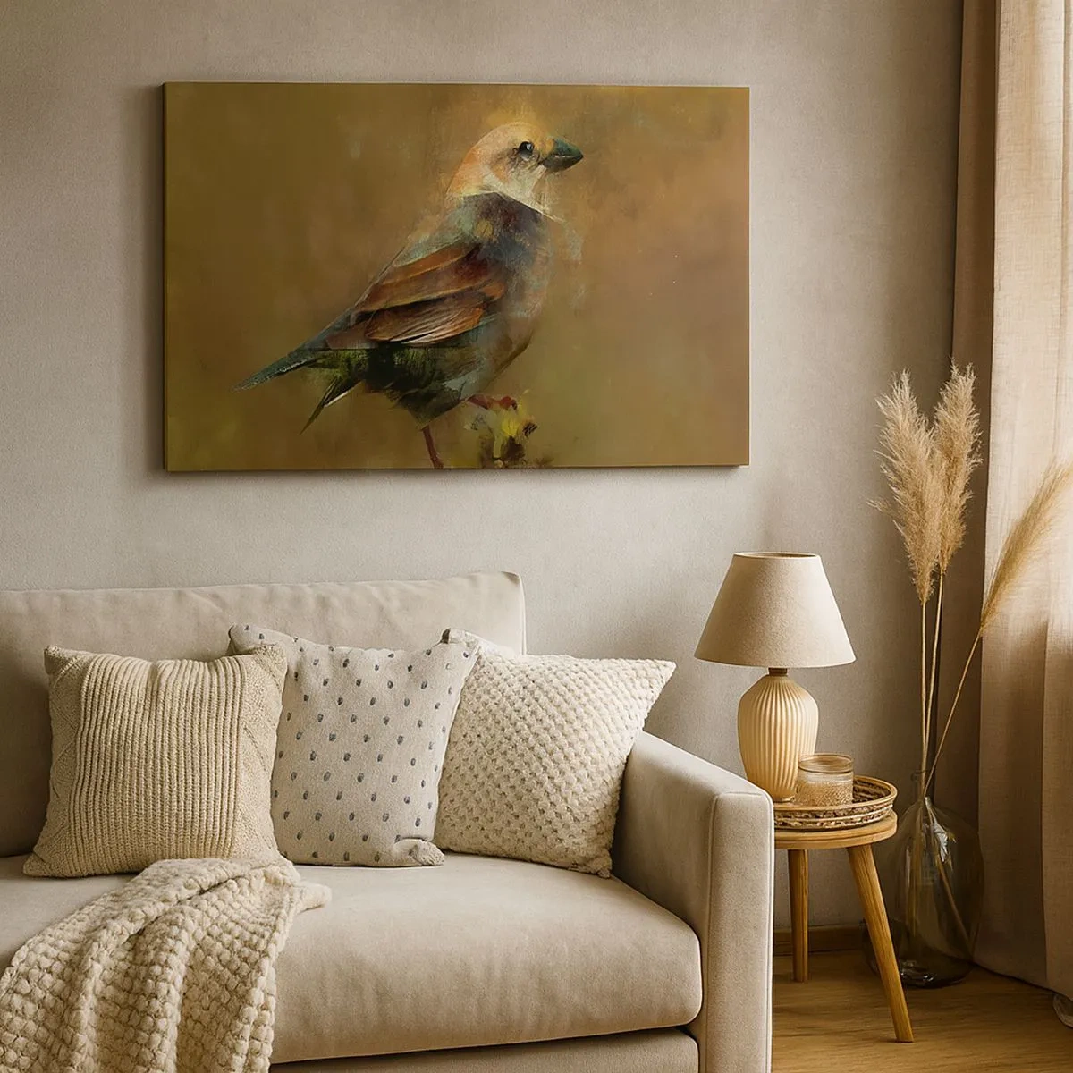 Bild auf Leinwand - Leinwandbild - Eine künstlerische Interpretation eines Spatzen auf braunem Hintergrund - 70x50cm - Ein Spatz, ein kleines Vögelchen - Moderne Wanddekoration für Wohnzimmer und Schlafzimmer ARTTOR