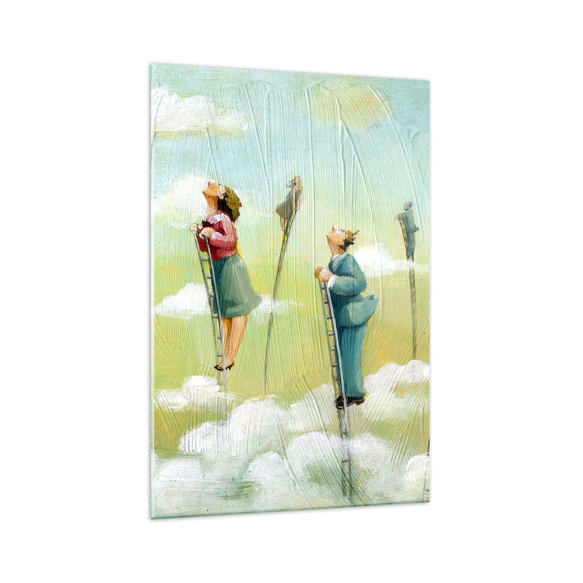 Glasbild - Bild auf glas - Figuren, die auf pastellfarbenem Hintergrund zwischen Wolken Leitern hochklettern. - 70x100cm - Hinter deinem Traum - Moderne Wanddekoration für Wohnzimmer und Schlafzimmer ARTTOR