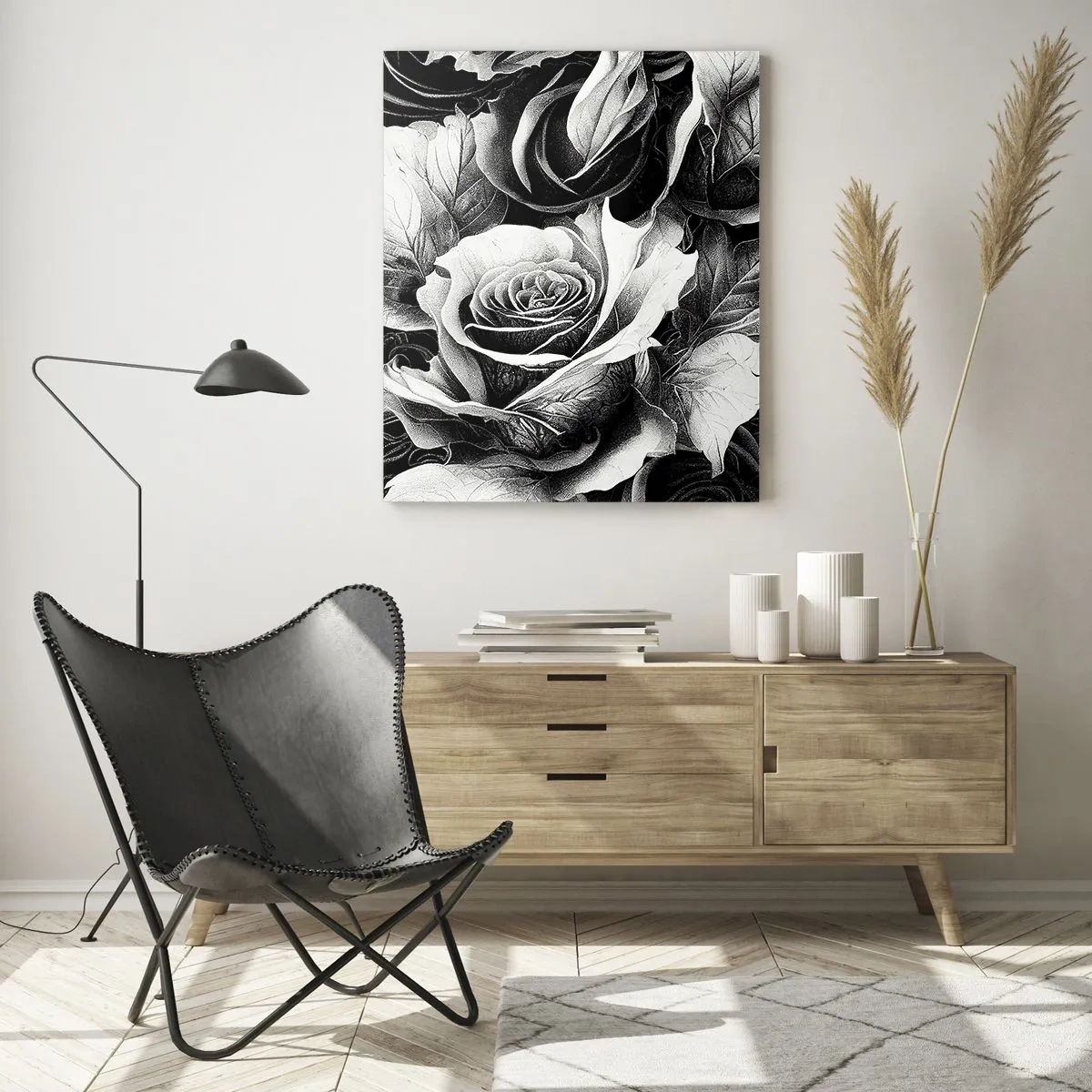 Glasbild - Bild auf glas - Schwarze und weiße Rosen in einer eleganten Komposition - 70x100cm - Immer Königin - Moderne Wanddekoration für Wohnzimmer und Schlafzimmer ARTTOR