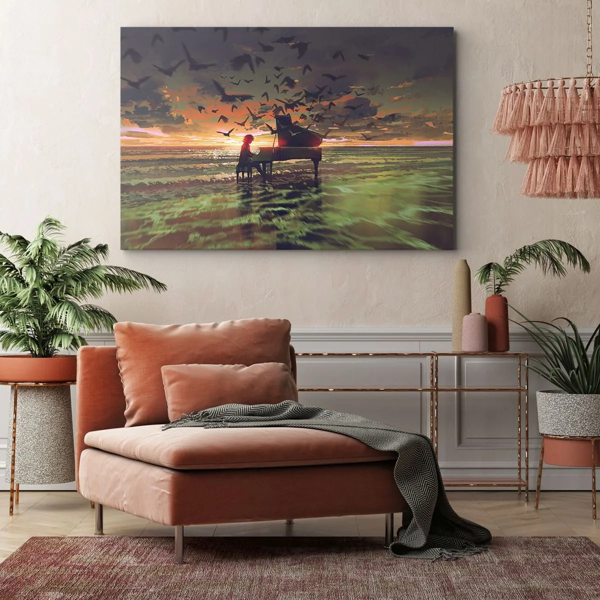 Bild auf Leinwand - Leinwandbild - Ein Klavier am Meeresufer bei Sonnenuntergang mit Vögeln - 120x80cm - Konzert für Klavier und Wellen - Moderne Wanddekoration für Wohnzimmer und Schlafzimmer ARTTOR