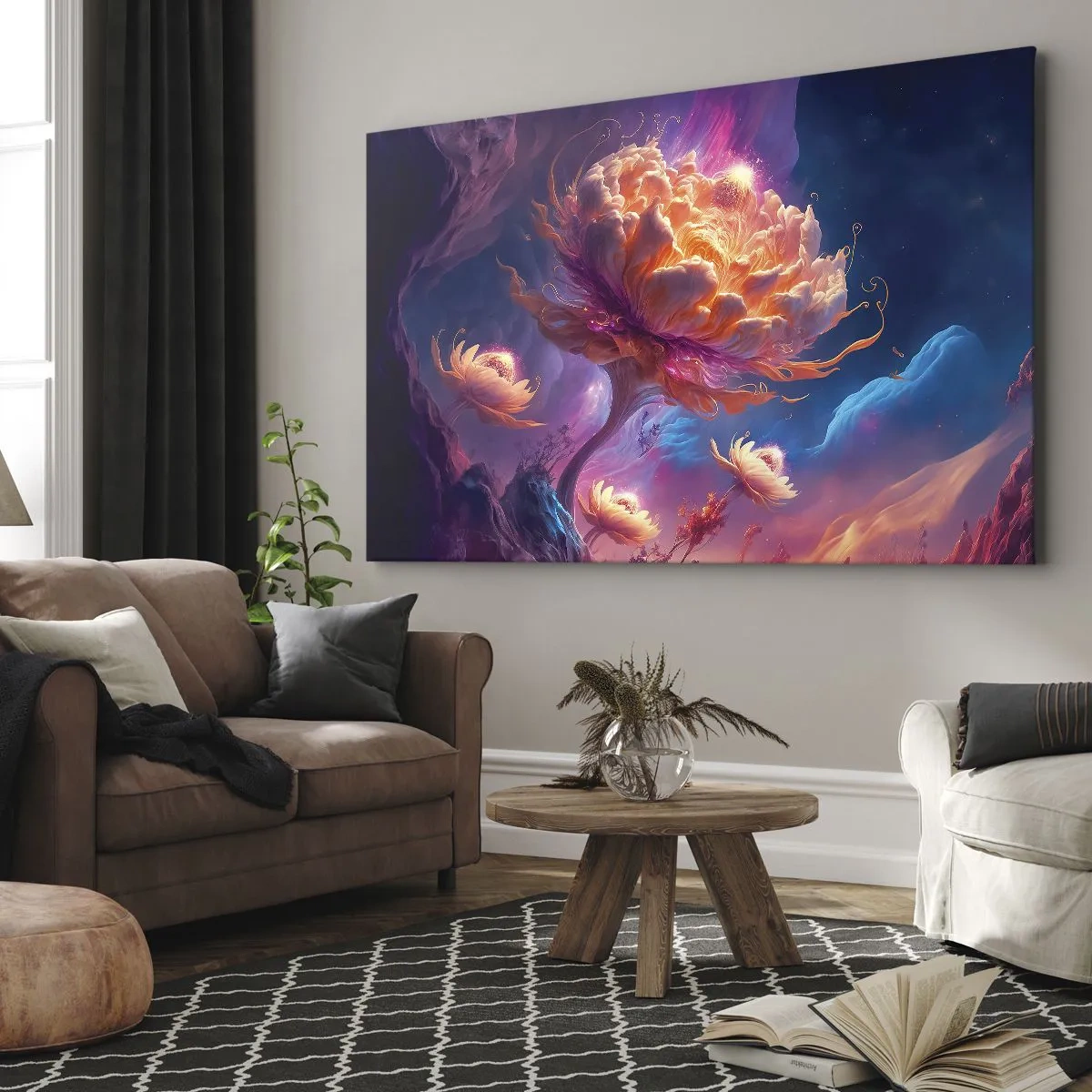 Bild auf Leinwand - Leinwandbild - Fantasieblumen in einer kosmischen Landschaft - 120x80cm - Andere Welt - Moderne Wanddekoration für Wohnzimmer und Schlafzimmer ARTTOR
