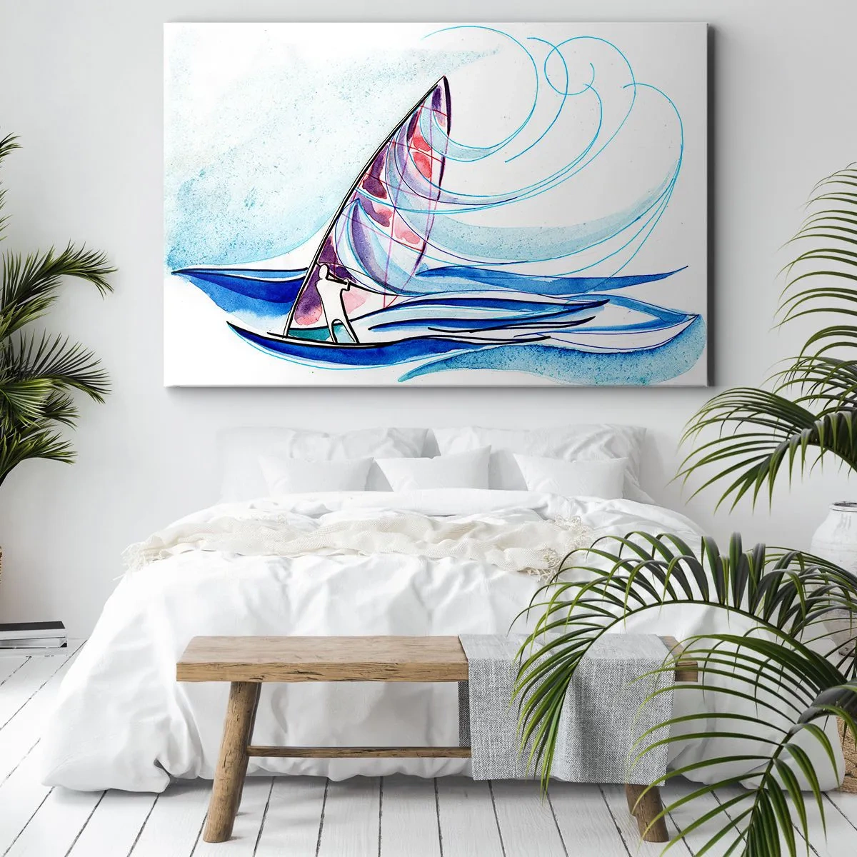 Bild auf Leinwand - Leinwandbild - Ein Surfer, der in einer abstrakten Aquarellkomposition auf den Wellen reitet - 100x70cm - Mit dem Wind im Rhythmus der Wellen - Moderne Wanddekoration für Wohnzimmer und Schlafzimmer ARTTOR