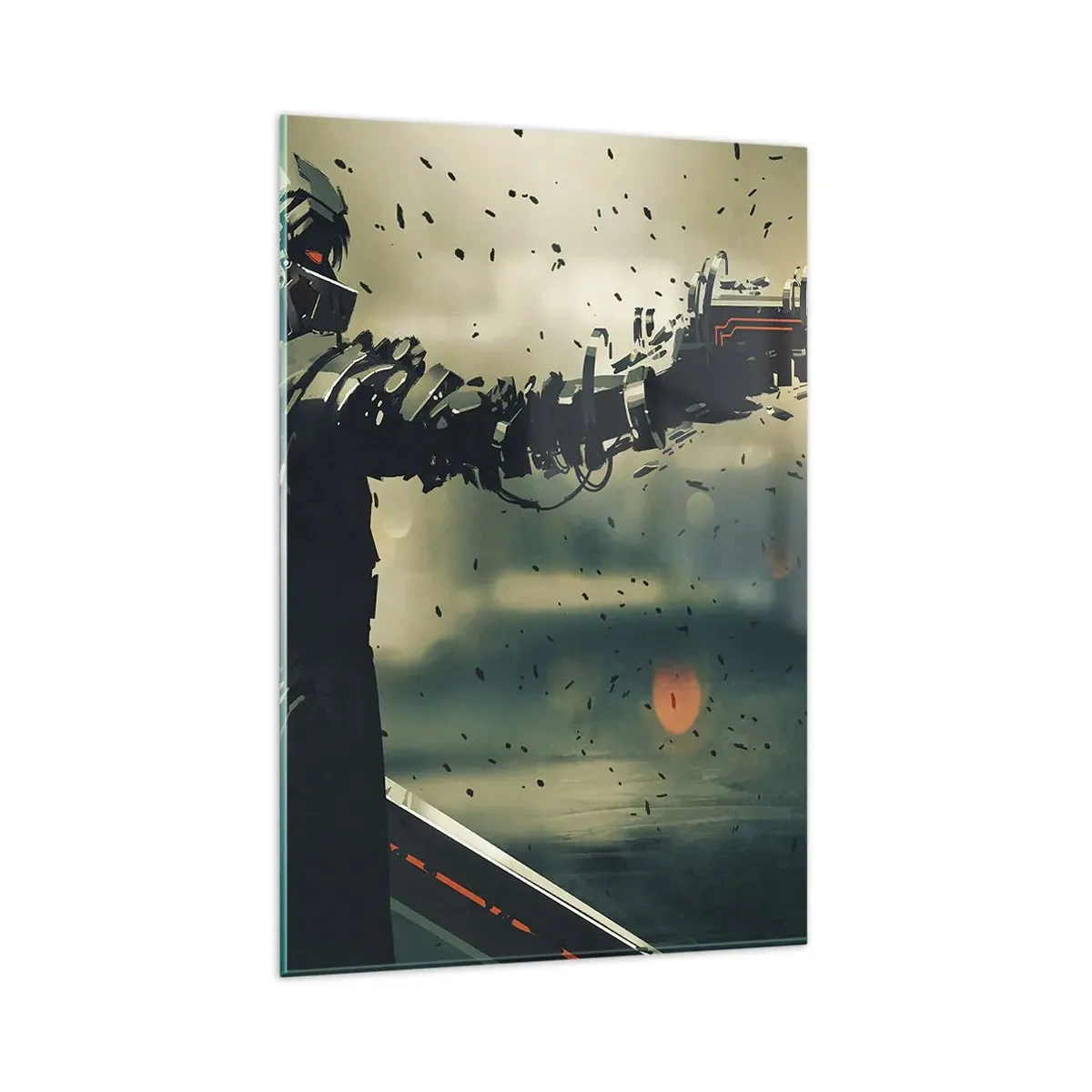 Glasbild - Bild auf glas - Kybernetischer Krieger mit futuristischen Waffen - 80x120cm - Tödliche Waffe - Dein ganz eigener Terminator - Moderne Wanddekoration für Wohnzimmer und Schlafzimmer ARTTOR