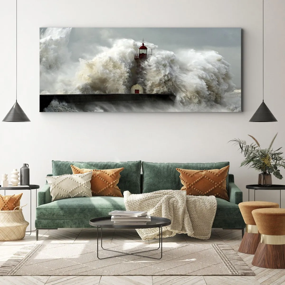 Bild auf Leinwand - Leinwandbild - Ein Leuchtturm, umgeben von rauen Wellen während eines Sturms - 160x50cm - Die Wut des Ozeans - Moderne Wanddekoration für Wohnzimmer und Schlafzimmer ARTTOR