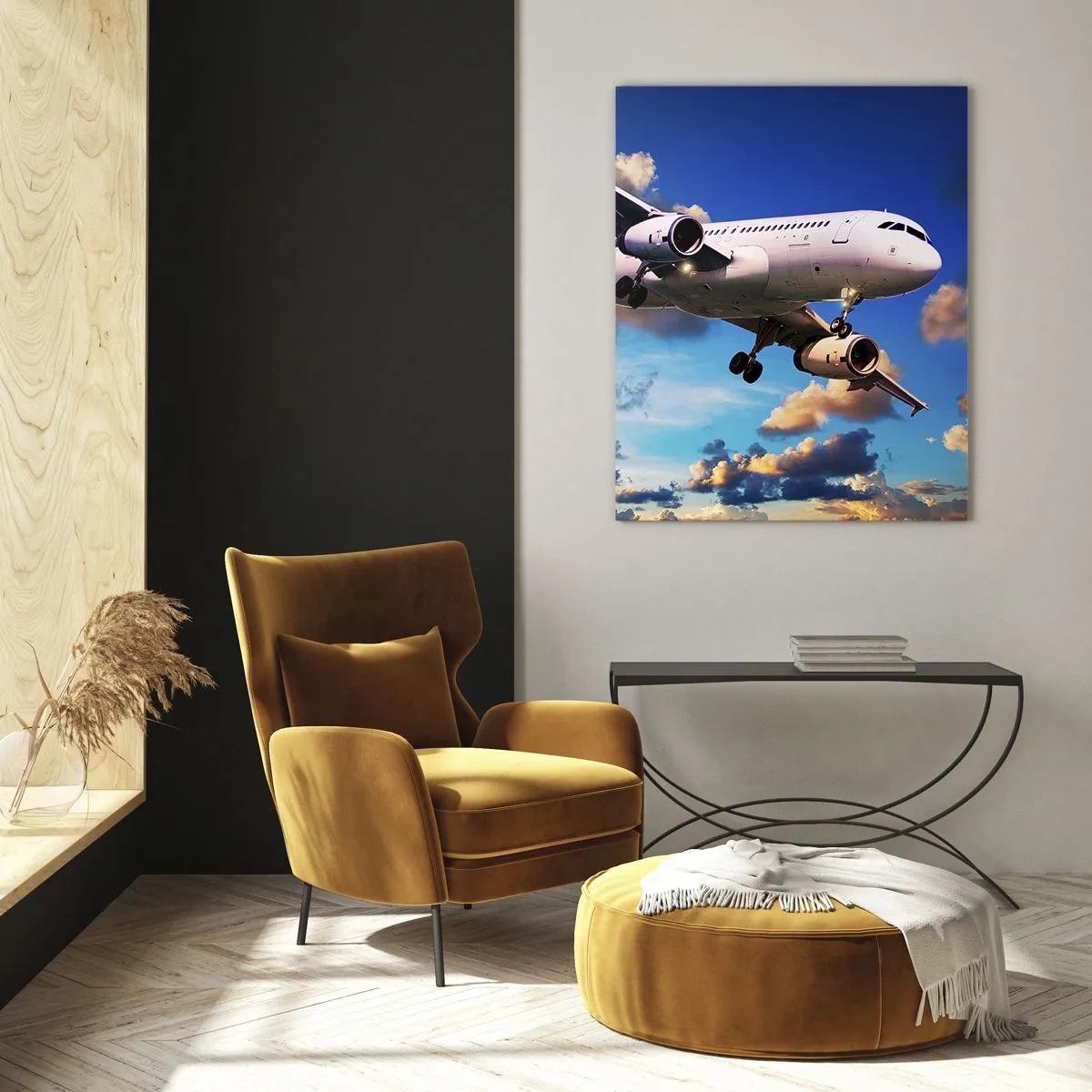 Glasbild - Bild auf glas - Ein Flugzeug im Flug vor einem malerischen Himmel - 50x70cm - Eine Reise in Weiß und Blau - Moderne Wanddekoration für Wohnzimmer und Schlafzimmer ARTTOR
