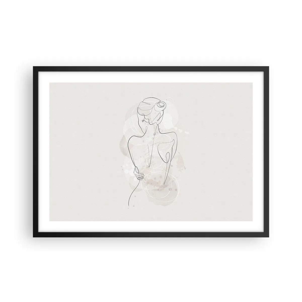 Poster in einem schwarzem Rahmen - Eine minimalistische Skizze einer weiblichen Silhouette vor hellem Hintergrund. - 70x50cm - Wie ein sensibles Instrument - Moderne Wanddekoration für Wohnzimmer und Schlafzimmer ARTTOR