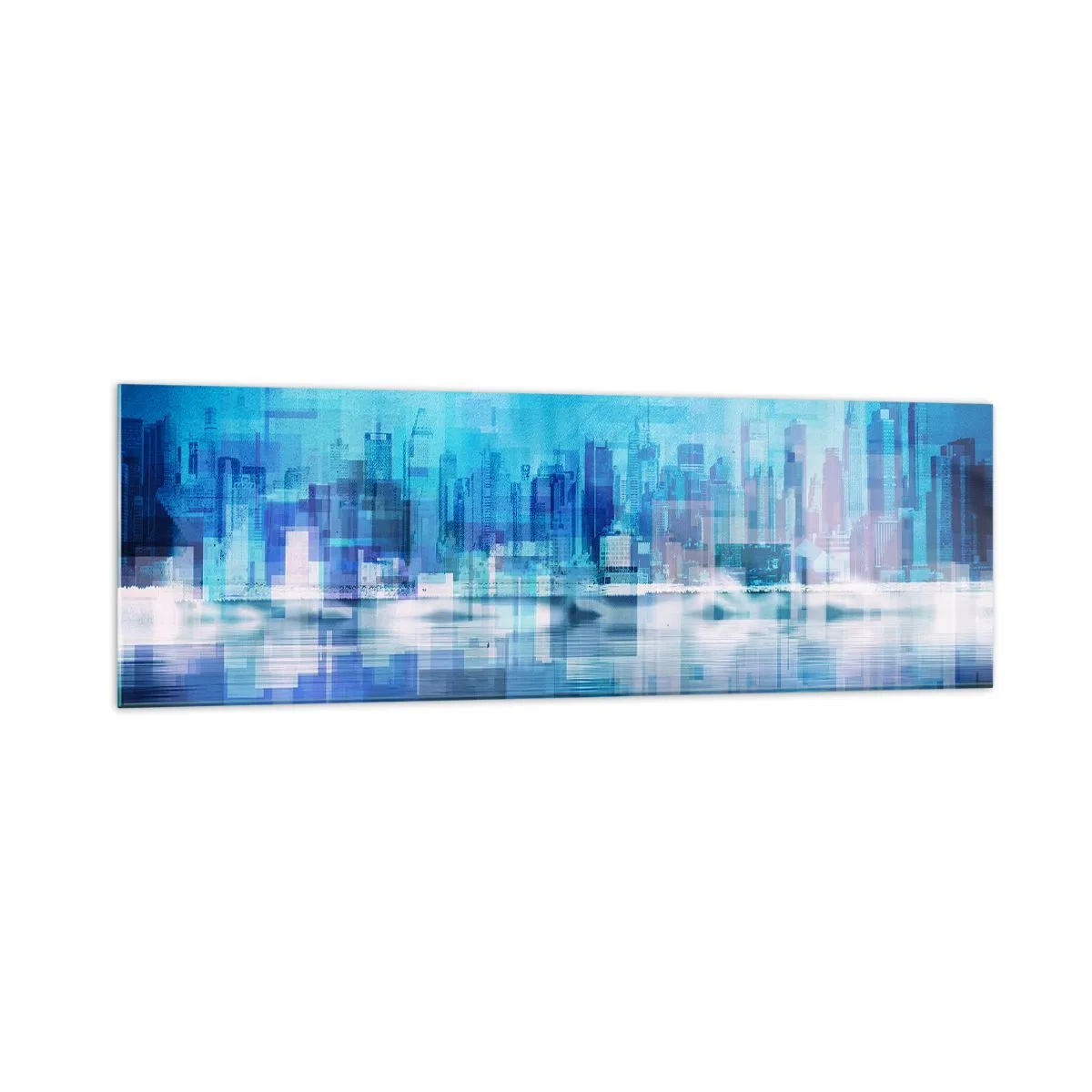 Glasbild - Bild auf glas - Abstraktes Stadtpanorama in Blautönen - 160x50cm - In Blau ertrunken - Moderne Wanddekoration für Wohnzimmer und Schlafzimmer ARTTOR