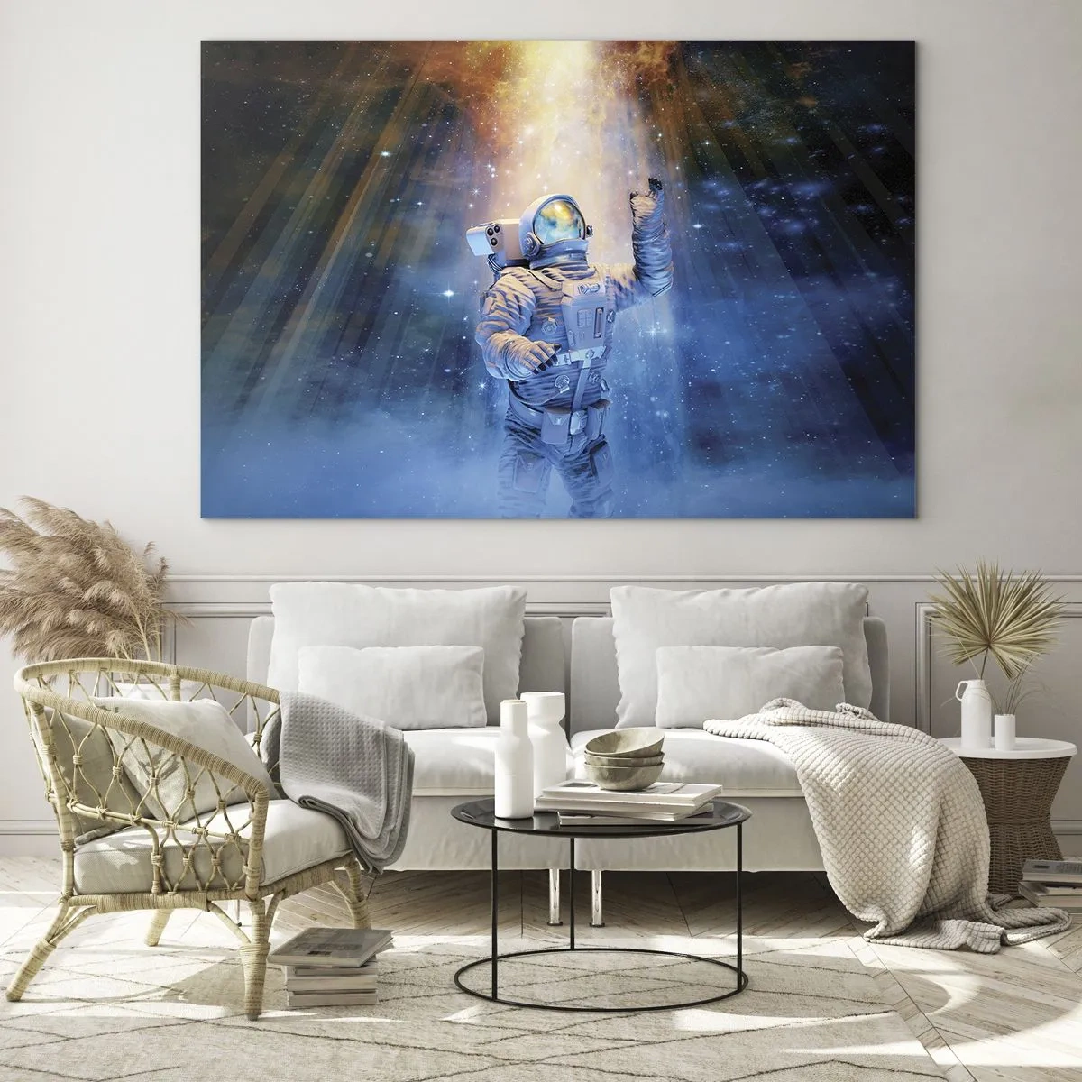 Glasbild - Bild auf glas - Ein Astronaut im Weltraum, beleuchtet von Lichtstrahlen - 70x50cm - Endlich am Ende - Moderne Wanddekoration für Wohnzimmer und Schlafzimmer ARTTOR