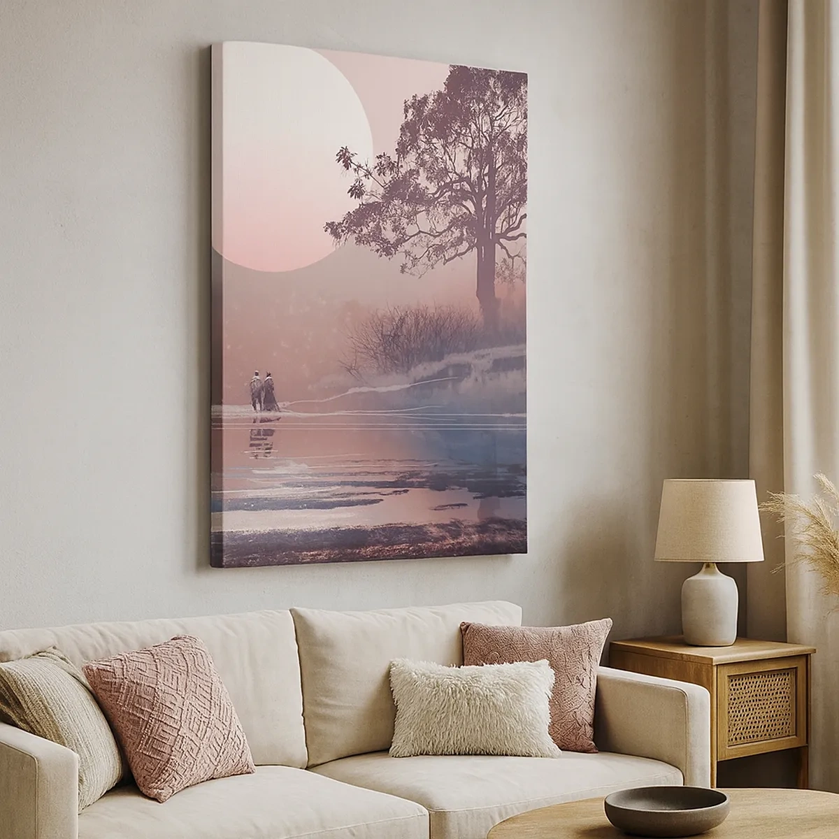 Bild auf Leinwand - Leinwandbild - Romantische Szene mit dem Mond und einem Baum am Wasser - 50x70cm - Wunder der Nacht - Moderne Wanddekoration für Wohnzimmer und Schlafzimmer ARTTOR