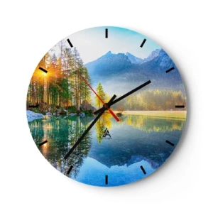 Wanduhr - Glasuhr - Ein Bergsee im Morgengrauen mit Spiegelungen von Bäumen und Gipfeln - 30x30cm - Majestät und Süße - Moderne Wanddekoration für Wohnzimmer, Küche und Schlafzimmer ARTTOR