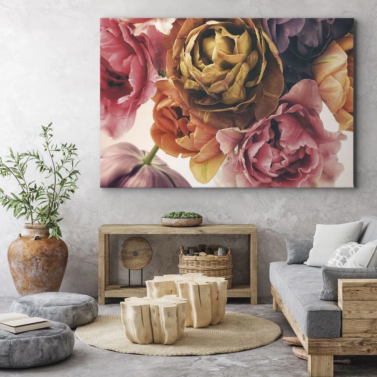 Bild auf Leinwand - Leinwandbild - Ein Strauß verschiedener Blumen in intensiven Farben - 100x70cm - Eine Feier des Lebens - Moderne Wanddekoration für Wohnzimmer und Schlafzimmer ARTTOR