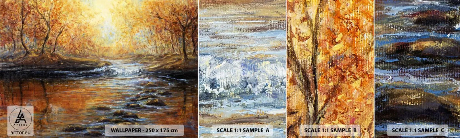 Fototapeten Muster Selbstklebend Deluxe Sticker - Der goldene Strom - Landschaft, Gebirgsbach, Wald - 100x30 cm