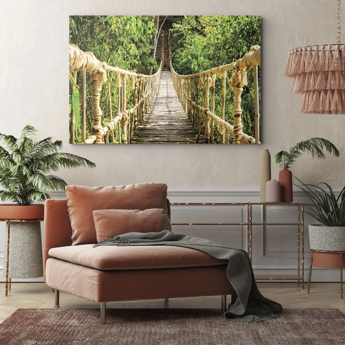 Bild auf Leinwand - Leinwandbild - Eine Hängebrücke in einem tropischen Wald voller Grün - 100x70cm - Im Grünen ausgesetzt - Moderne Wanddekoration für Wohnzimmer und Schlafzimmer ARTTOR