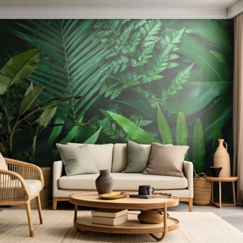 Selbstklebende Fototapete Deluxe Sticker - Eingebettet ins Grüne - Exotische Pflanze, Palmblatt, Monstera-Blatt - 300x210 cm