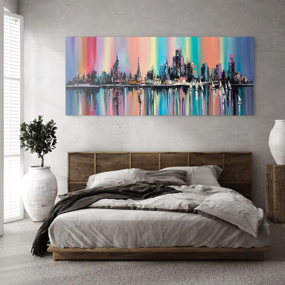 Glasbild - Bild auf glas - Buntes Stadtbild mit Spiegelung auf dem Wasser - 140x50cm - Um das Licht der Nacht herunterzufallen - Moderne Wanddekoration für Wohnzimmer und Schlafzimmer ARTTOR