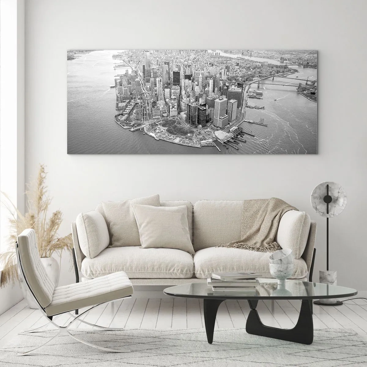 Glasbild - Bild auf glas - Luftaufnahme von Manhattan in Schwarzweiß - 160x50cm - Und wie kann es man nicht lieben? - Moderne Wanddekoration für Wohnzimmer und Schlafzimmer ARTTOR