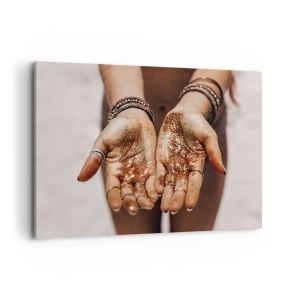 Bild auf Leinwand - Leinwandbild - Nahaufnahme von Händen mit Glitzer in warmen Farbtönen - 120x80cm - Ein Geschenk für dich - Moderne Wanddekoration für Wohnzimmer und Schlafzimmer ARTTOR