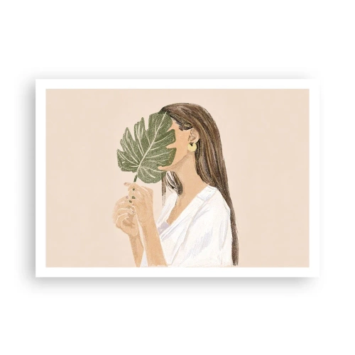 Poster - Porträt einer Frau mit einem Monstera-Blatt auf beigem Hintergrund - 100x70cm - Geheimnisvolles Porträt mit Fächer - Moderne Wanddekoration für Wohnzimmer und Schlafzimmer ARTTOR