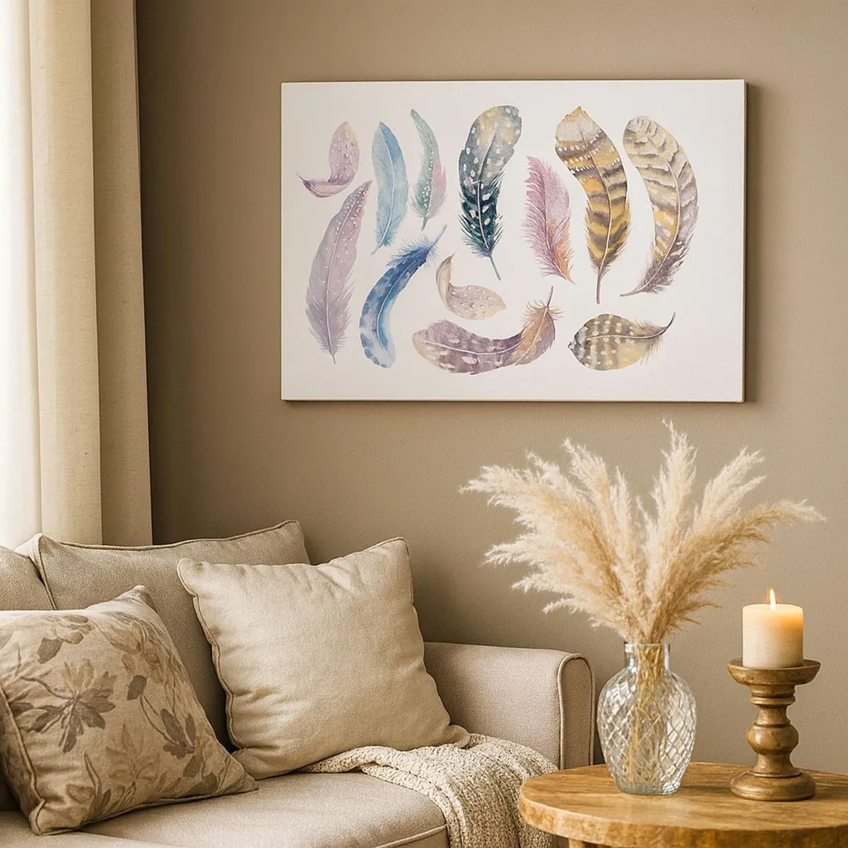 Bild auf Leinwand - Leinwandbild - Bunte Federn im zarten Aquarell-Stil - 70x50cm - Hell, bunt und bunt - Moderne Wanddekoration für Wohnzimmer und Schlafzimmer ARTTOR