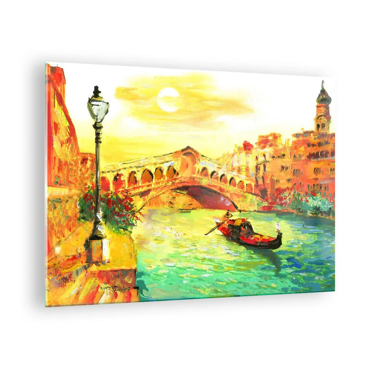 Glasbild - Bild auf glas - Kanal mit Gondel und Brücke in den Strahlen der untergehenden Sonne - 70x50cm - Eine Pilgerreise der Liebenden - Moderne Wanddekoration für Wohnzimmer und Schlafzimmer ARTTOR